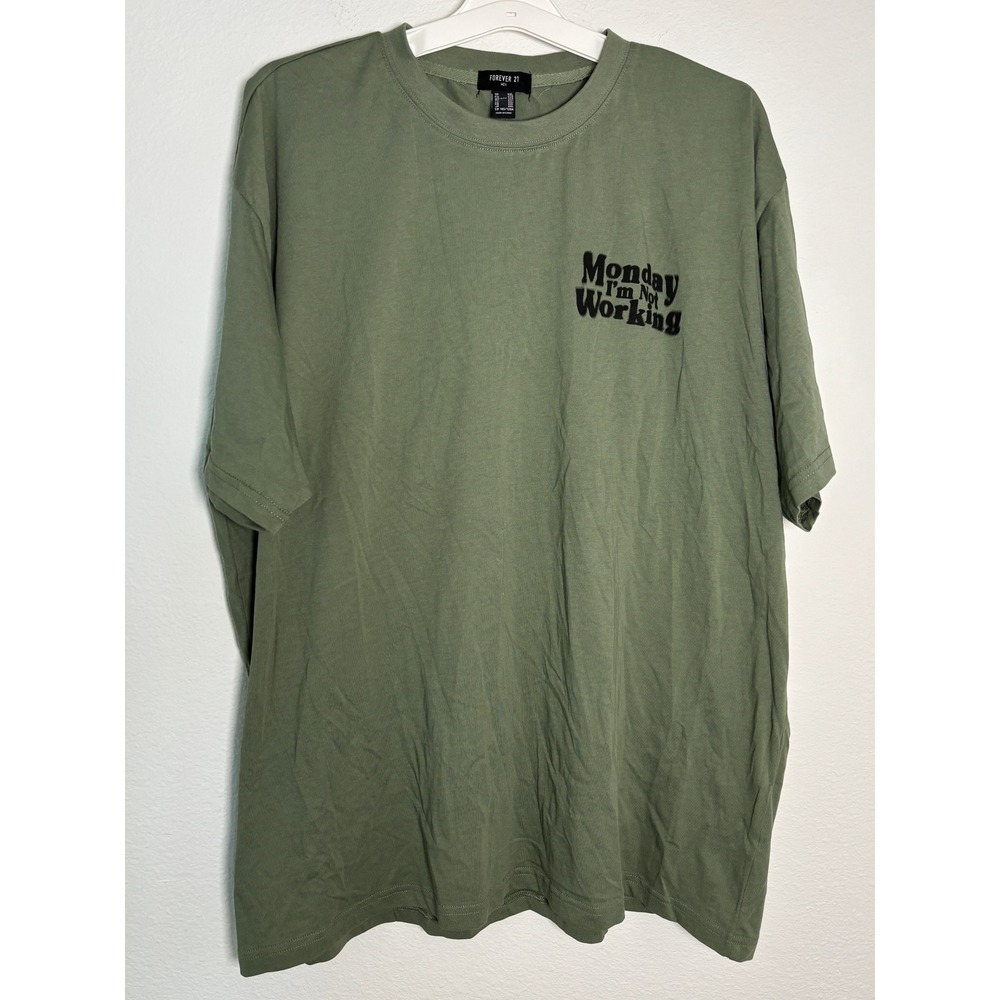 Forever 21 Mens XXL Monday I'm Not Working Graphic T-Shirt Olive Green Short Slv